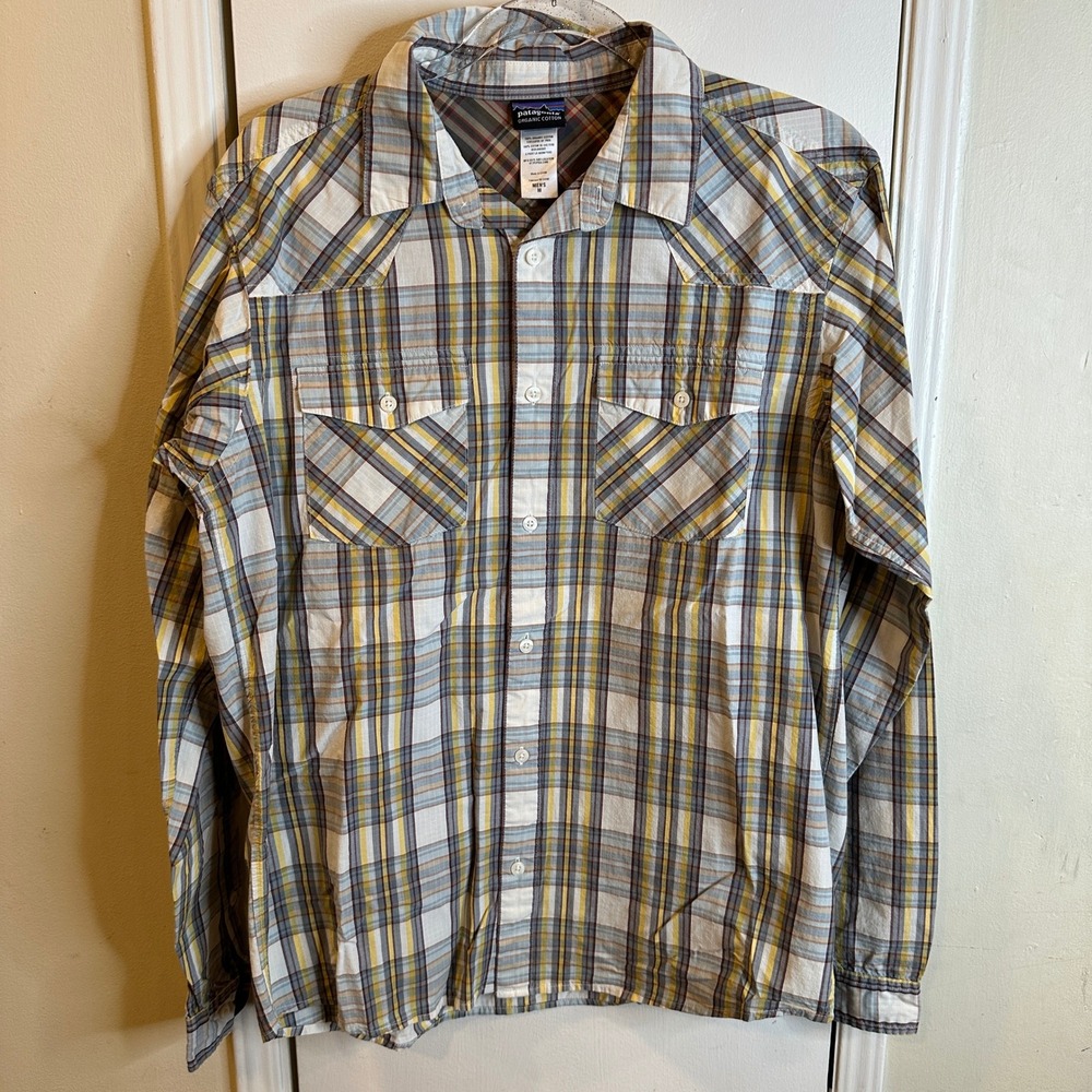 Patagonia Mens Organic Cotton Plaid Western Ripstop Shirt Yellow Grey M Outdoors